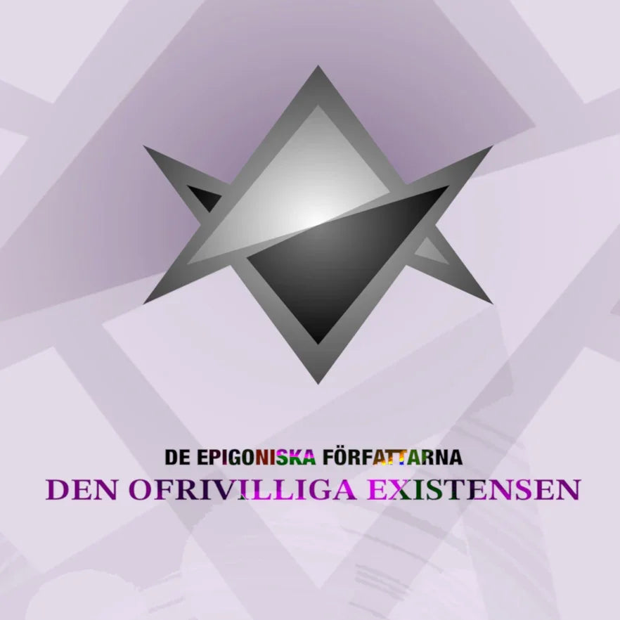 Geometrisk abstrakt logga med texten 'De Epigoniska Författarna Den Ofrivilliga Existensen' på ljus bakgrund